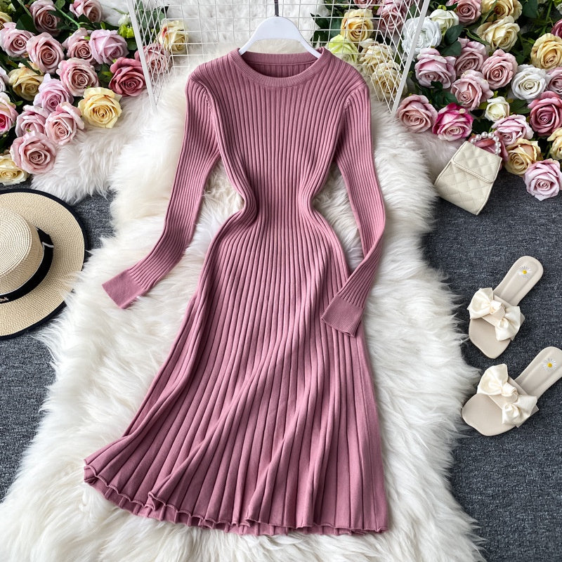 New solid color long sleeve bottomed hip wrap slim wool dress