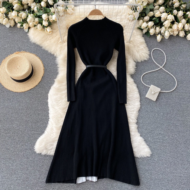 French Elegant Knitted Panel Gradient Pleated Fitted Dress