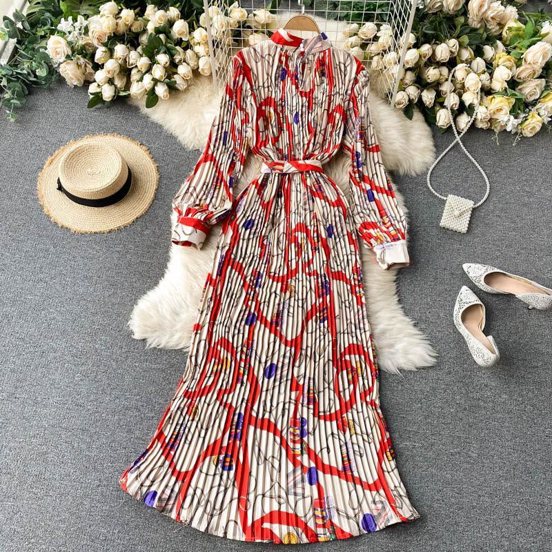 Vintage Printed Heavy duty Pleated Long Dress Celebrity Temperament Small Stand Neck Slim Holiday Dress