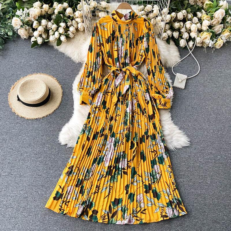 Vintage Printed Heavy duty Pleated Long Dress Celebrity Temperament Small Stand Neck Slim Holiday Dress