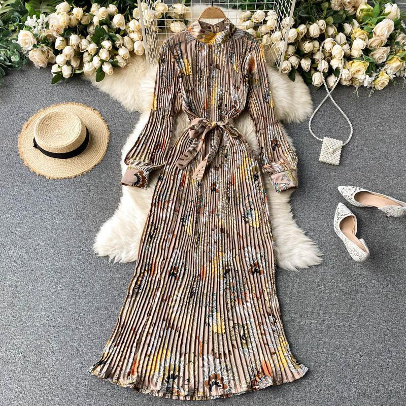 Vintage Printed Heavy duty Pleated Long Dress Celebrity Temperament Small Stand Neck Slim Holiday Dress