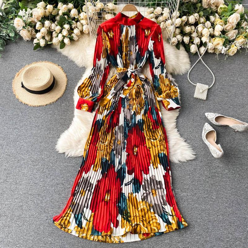 Vintage Printed Heavy duty Pleated Long Dress Celebrity Temperament Small Stand Neck Slim Holiday Dress