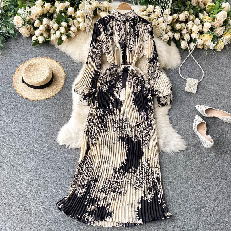 Vintage Printed Heavy duty Pleated Long Dress Celebrity Temperament Small Stand Neck Slim Holiday Dress