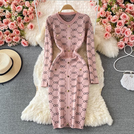 Autumn and Winter Round Neck Elastic Knitted New Temperament Skinny Sweetheart Dress