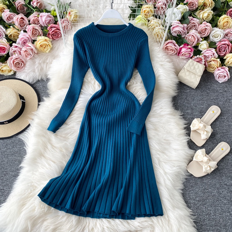 New solid color long sleeve bottomed hip wrap slim wool dress