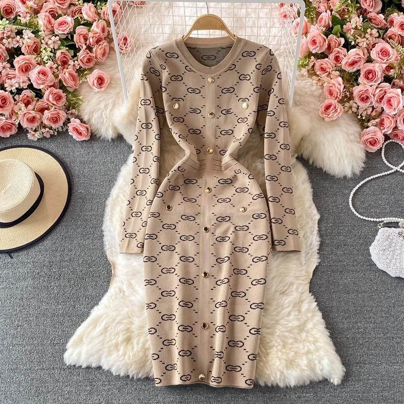 Autumn and Winter Round Neck Elastic Knitted New Temperament Skinny Sweetheart Dress