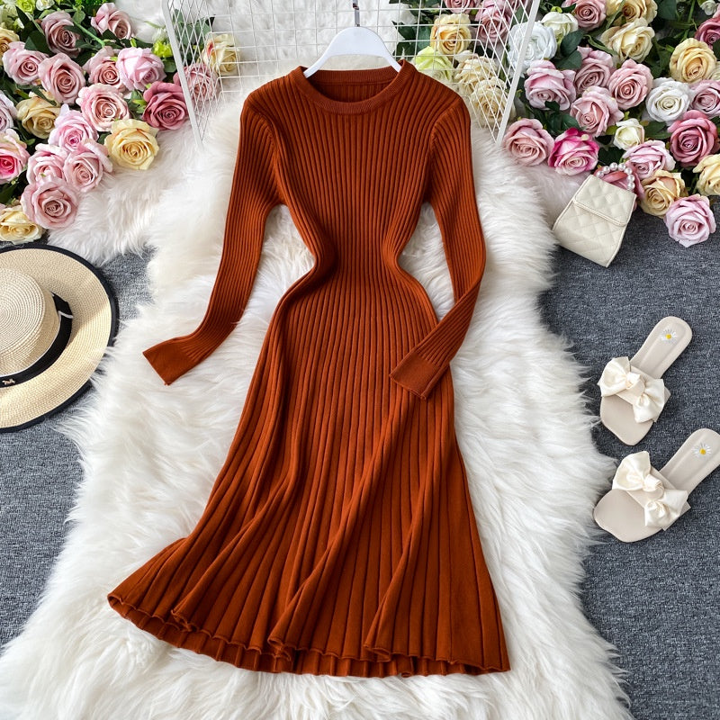 New solid color long sleeve bottomed hip wrap slim wool dress