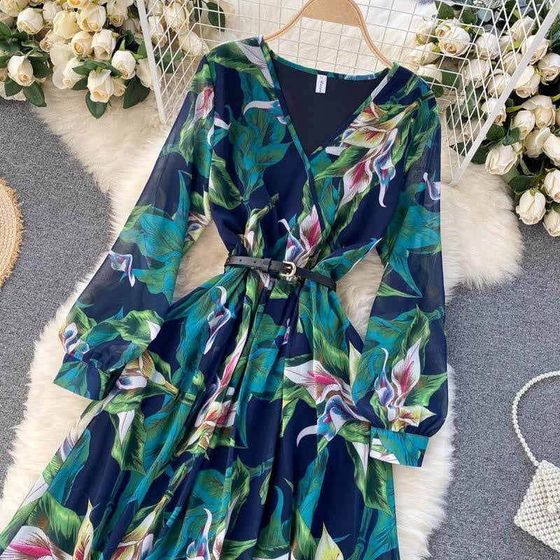 Women's chiffon printed V-neck long sleeve waistband lace up big swing beach dress dress