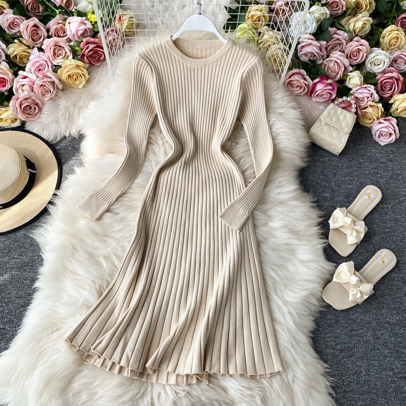 New solid color long sleeve bottomed hip wrap slim wool dress