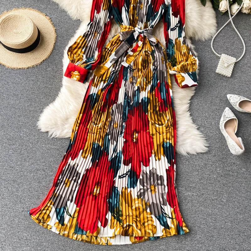 Vintage Printed Heavy duty Pleated Long Dress Celebrity Temperament Small Stand Neck Slim Holiday Dress