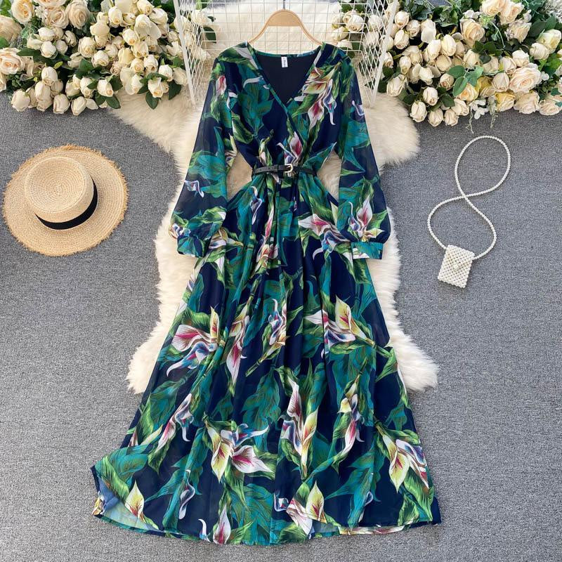 Women's chiffon printed V-neck long sleeve waistband lace up big swing beach dress dress