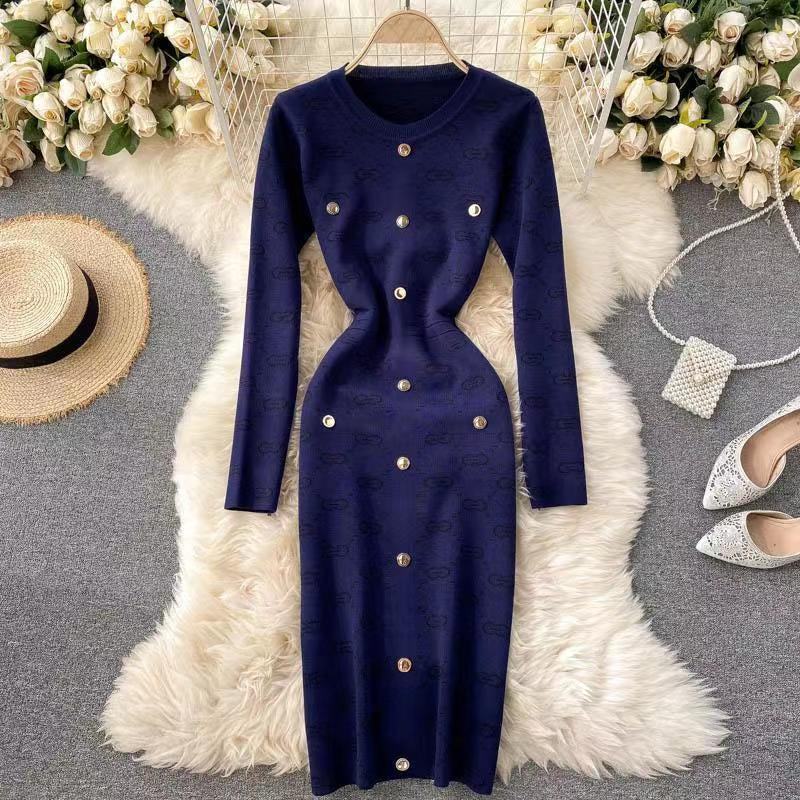 Autumn and Winter Round Neck Elastic Knitted New Temperament Skinny Sweetheart Dress