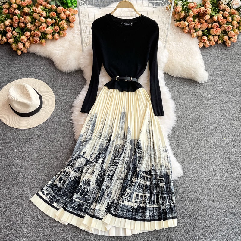 Temperament Slim Knitted Panel Pleated Dress