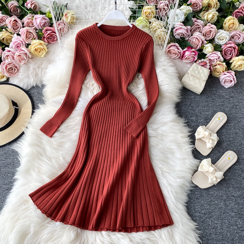 New solid color long sleeve bottomed hip wrap slim wool dress